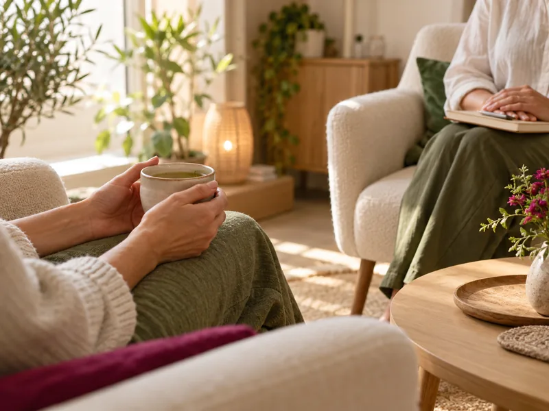 Échange en début de séance d'hypnose au cabinet de Marseille, tasse de tisane entre les mains