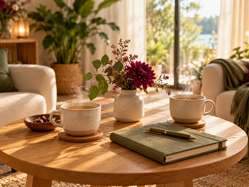 Deux tasses de tisane et un agenda fermé sur une table du cabinet d'hypnose à Marseille